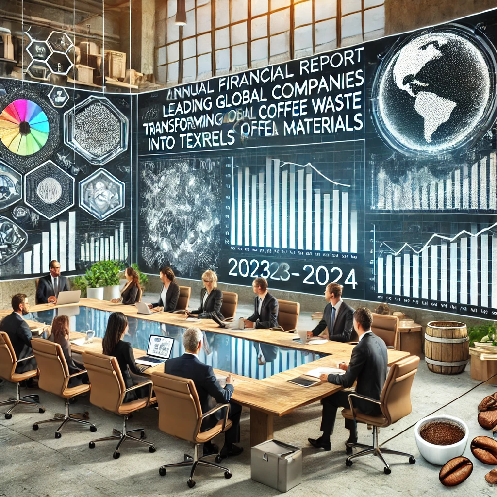 Corporate boardroom scene showcasing an annual financial report on global companies transforming coffee waste into textiles and raw materials for 2023-2024. Executives analyze charts and graphs on digital screens, highlighting financial growth and sustainability metrics, with coffee-themed elements like cups and beans on the table