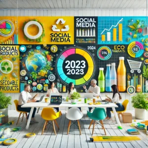 A creative workspace showcasing marketing and advertising trends in sustainable products for 2023-2024. Marketers brainstorm around a table with eco-friendly product samples, laptops, and promotional materials. A digital screen displays graphics on social media trends, eco-conscious branding, and growth charts, emphasizing innovation and sustainability.